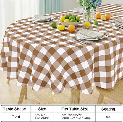 Smiry Oval Table Cloth, Vinyl Tablecloths with Flannel Backing, 60"x84" | Waterproof Picnic Table Cloth, Wipeable Buffalo Plaid Table Cover for Indoor and Outdoor (Brown & White)