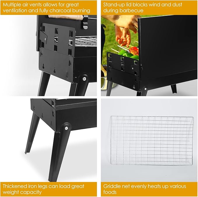 TeqHome Portable Charcoal Grill, Small BBQ Grill Outdoor Folding Barbecue Grill with Barbecue Accessories & Lid, Foldable Camping Grill for Outdoor Cooking Camp Picnic Hiking Beach Patio Smokers