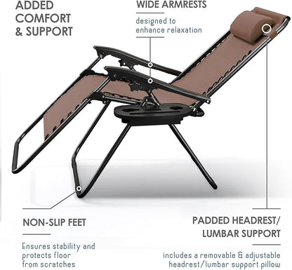 Nestl Zero Gravity Chairs Set of 4, Patio Lounge Chair Outdoor with Pillows & Cup Holder Trays, Adjustable Steel Mesh Reclining Camping Chair, Folding Patio Lawn Chair for Deck, Beach, Yard - Brown