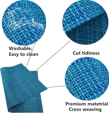 WAZAIGUR Placemats Easy to Clean Crisscross Woven Vinyl Place Mats Durable Non-Slip Heat Resistant Table Mats Placemats for Kitchen Table Set of 4,Blue