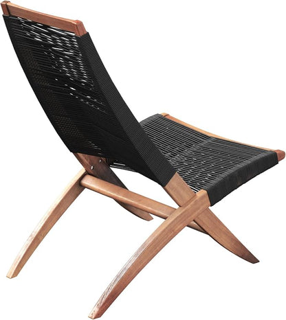 Lisa Mid Century Acacia Outdoor Lounge Chair, Black Cording | Quick Dry Cording Suspension Seat and Back, 330 lb Capacity, Low 13.5 in Seat, for Patio, Balcony, Poolside 68095