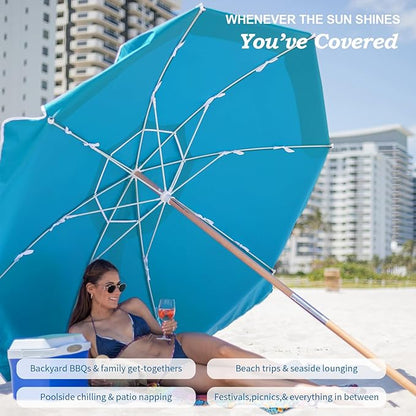 AMMSUN 7.5ft Heavy Duty HIGH Wind Beach Umbrella Commercial Grade Patio Beach Umbrella with Air Vent Ash Wood Pole & Carry Bag UPF 50+ Protection Lake Blue