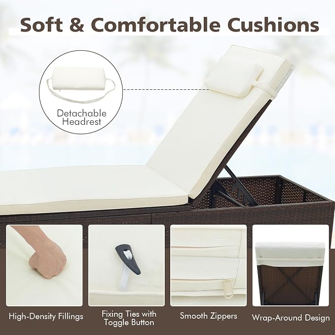 Tangkula Patio Chaise Lounge, Outdoor Rattan Lounge Chair w/ 6-Level Backrest, Comfy Seat Cushion & Headrest, Sturdy Metal Frame, Outside Reclining Chair for Backyard, Poolside (1, Off White)