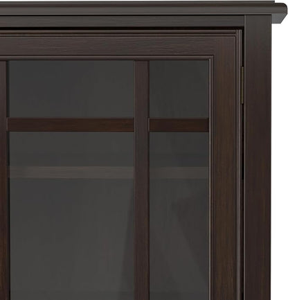 SIMPLIHOME Connaught 46" Solid Wood Tall Cabinet in Dark Chestnut Brown | Traditional tall console cabinet with glass doors, adjustable shelves and drawers for living or dining room storage.