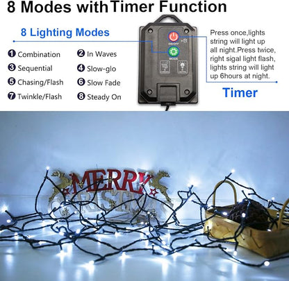 Solar Christmas String Lights, Cool White 200Led Outdoor Waterproof | 2 Pack Total 400LED 144Ft 8 Modes Timer, IP44 Outside Fairy Lights for Tree, Garden, Patio, Lawn, Party, Yard Decorations