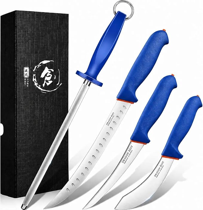 DRAGON RIOT 4 Piece Butcher Knife Set Brisket Trimming Set Include 6" Boning Knife, 6" Skinning Knife, 10" Butcher Breaking Knife and 10" Sharpening Steel