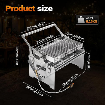 Portable Gas Grill,360° Rotating Charcoal Grill,Stainless Steel Flipping Camping Barbecue Grill with Carry Bag,Detachable BBQ Grill & Fire Pit for Outdoor Cooking,Camping,Tailgating, Patio & Backyard