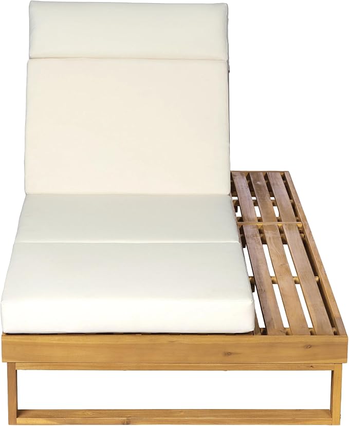 Merax 4-Piece Teak Finish Acacia Wood Chaise Lounge with 4-Inch Beige 4-Fold Cushion Set, Adjustable Outdoor Patio Lounger with Flat Side Surface, for Poolside