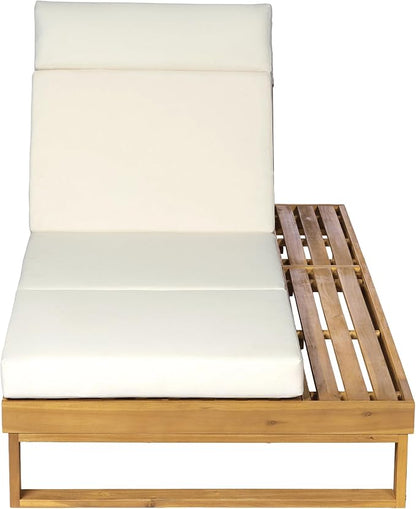 Merax 4-Piece Teak Finish Acacia Wood Chaise Lounge with 4-Inch Beige 4-Fold Cushion Set, Adjustable Outdoor Patio Lounger with Flat Side Surface, for Poolside