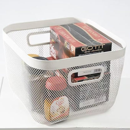 AJIODA Metal Mesh Steel Baskets, Household Wire Storage Organizer Bin Garden Harvest Basket Multi-functional Fruit Baskets with Handles for Kitchen Bathroom Picnic Shopping Decor Cabinet Home, White