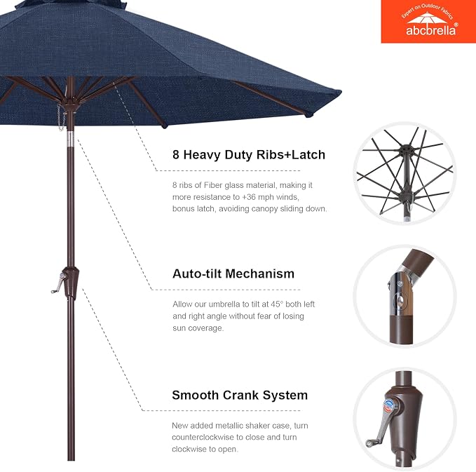 ABCCANOPY OLEFIN® 5-Year No Fading 9FT Outdoor Patio Umbrella(Navy) | Fade & UV Resistant Fabric,8 Fiberglass Ribs，Wind Vent，Crank Lift & Tilt,Outdoor Table Umbrella for Deck,Backyard,Yard