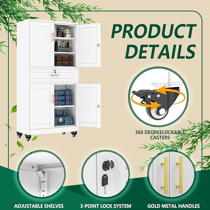 winiowa 71" Tall Metal Garage Storage Cabinet with Wheels and Locking Doors, Locking Rolling Tool Cabinet with Drawer and 3 Adjustable Shelves for Garage,Home,Office (White)