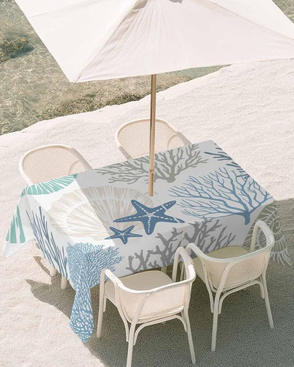 Coastal Outdoor Tablecloth - 54x80 Inch Rectangle Dining Table Cover, Blue Teal Coral Summer Beach Ocean Starfish Waterproof Outdoor Table Cloth with Umbrella Hole & Zipper for Picnic/Patio/Party