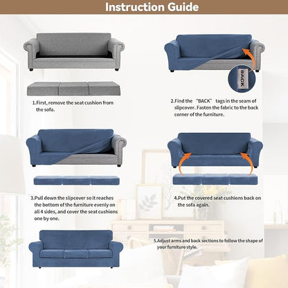 WEERRW 4 Pieces Couch Cover for Sofa Velvet Slipcovers Washable, Light Blue | Sofa Covers for 3 Cushion Couch Furniture Protector Sofa Slipcovers with Non Slip Elastic Bottom, Pet Friendly, Large