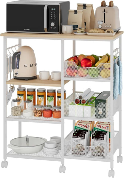 SWTYMIKI Kitchen Island Cart on Wheels - 28.35x14.57in Rolling Kitchen Table Cart with Storage Shelves, 6 Removable Hooks& Locking Casters, Coffee Bar Cabinet for Dining Room Pantry Office, White
