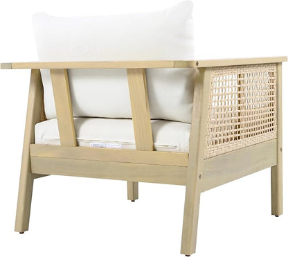 Christopher Knight Home Teras Acacia Wood Lounge Chair Outdoor Set of 2 with Removable Cushion, Solid Wood Patio Accent Chair with PE Wicker Accents, Patio Furniture Set Sofa Chair, Light Teak+Cream