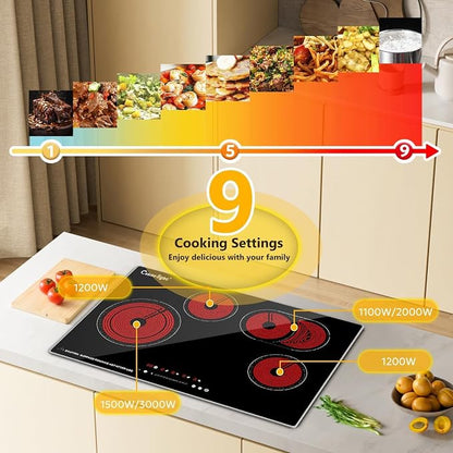 30 Inch Electric Cooktop, 4 Burner Built-In Radiant Ceramic Stove Top | 30 inch built-in radiant ceramic cooktop, 4 burners, 220-240V hardwired, touch control, flat-bottom cookware.