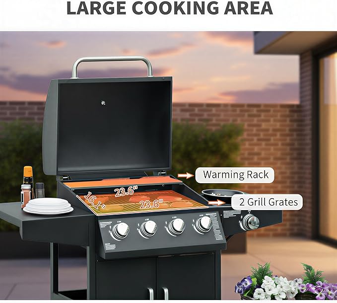 Outsunny 4 Burner Propane Gas Grill with Side Burner, 48,000 BTU Steel Outdoor Barbecue Grill with Cabinet, Shelf, Warming Rack, Thermometer, Wheels, Black