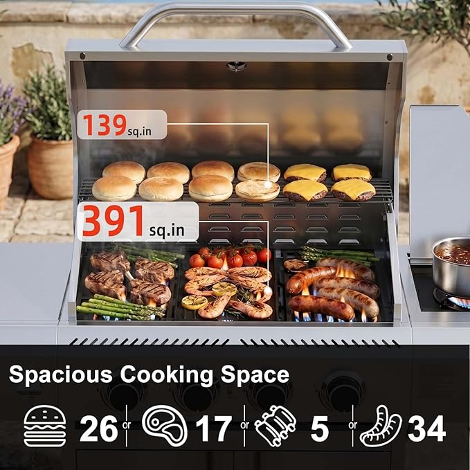 COWSAR 4-Burner Gas Grill, 42000 BTU BBQ Grill, Stainless Steel Barbecue Grill with Side Burner, Enameled Cast Iron Grill, Pull-Out Oil Tray, Suitable For Outdoor, Backyard Barbecues