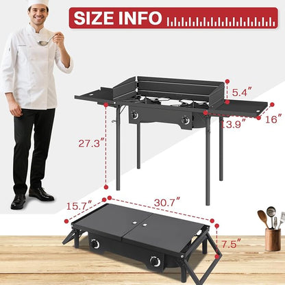 2 Burner Propane Camp Stove | 150,000 BTU | High Pressure Gas Burners | CSA Certified | Side Shelves | Windscreen | Waterproof Cover | Detachable Legs | Ideal for Camping Backyard Outdoor Cooking
