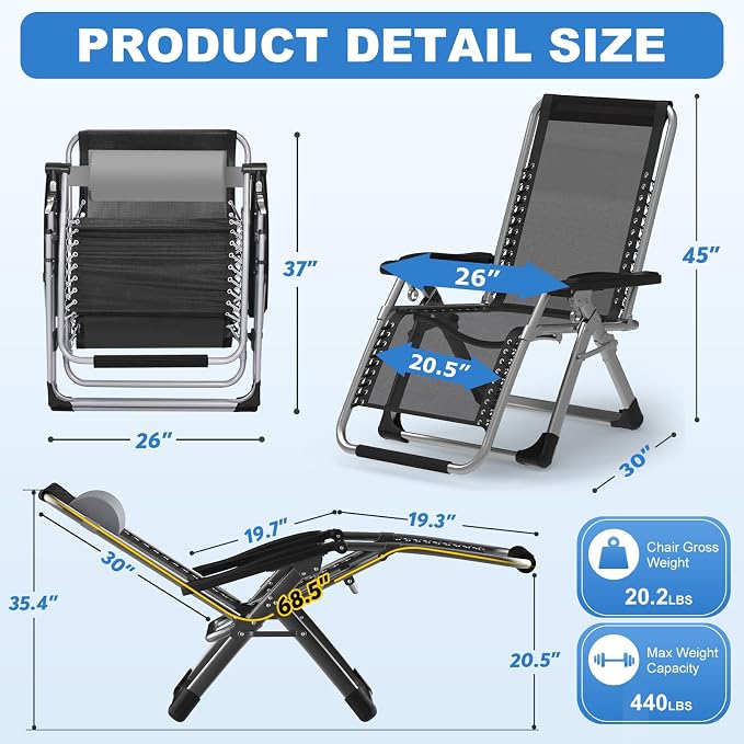 Slendor Zero Gravity Chair, Recliner Lounge Chairs with Cushion,Gray | Reclining Lounge Chair, Folding Anti Gravity Chairs w/Upgraded Lock, Removable Upgraded&Headrest, 440lbs, for Indoor Outdoor