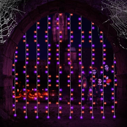 echosari Halloween Curtain Lights Battery Operated 300 LED Purple Orange | 9.8Ft x 9.8Ft Hanging Lights with Remote Timer for Party Garden Yard Decor