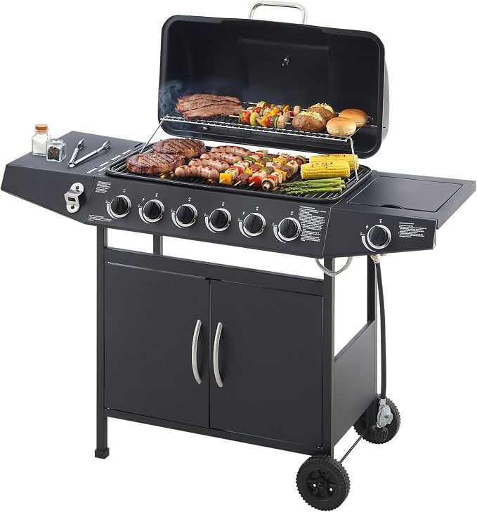53" Stainless Steel Outdoor Kitchen BBQ Island Grill with LPG Black | 6 Burner 59000 BTU Enamel-Coated Grates and Side Tables for Outdoor Cooking Kitchen and Patio Backyard