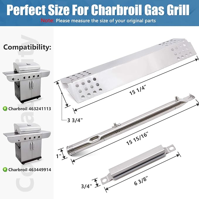 Criditpid Grill Replacement Parts for Charbroil 463241113 463449914 4 Burner Gas Grill, Stainless Steel Heat Plate Shields, Crossover Tubes, Igniters and Grill Burner Parts for Charbroil 463449914