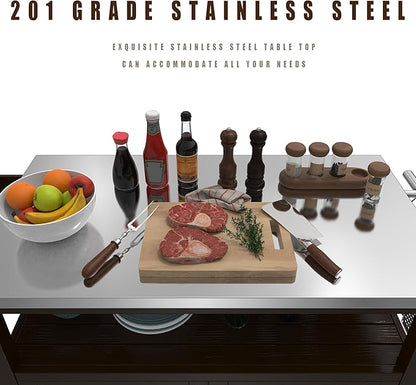 GDLF Outdoor Storage Cabinet Solid Wood Prep Grill Table with Stainless Steel Top Waterproof Cover Dark Brown