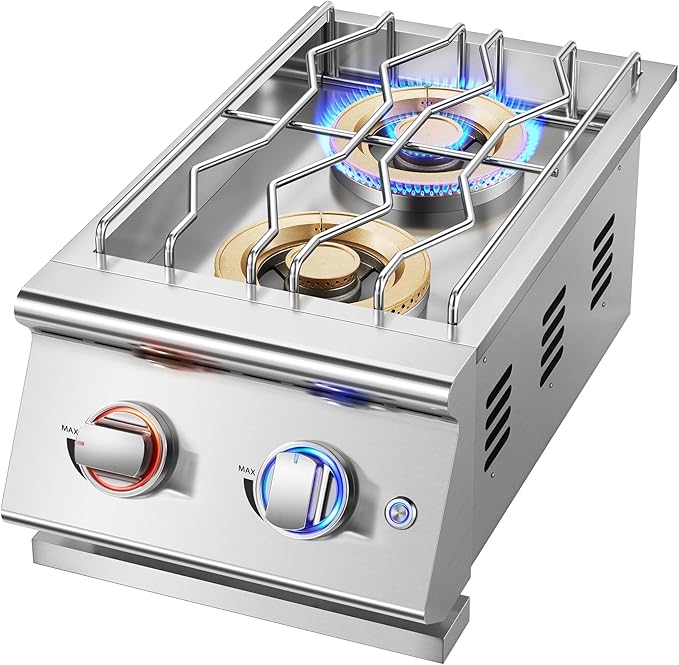 Grilling Side Burners for Outdoor Kitchen, 2 * 18,000BTU Liquid Propane Side Burner,Convertible to Natural Gas, Duty Heavy 304 Stainless Steel, Double Burner for BBQ Island Grill, Gold