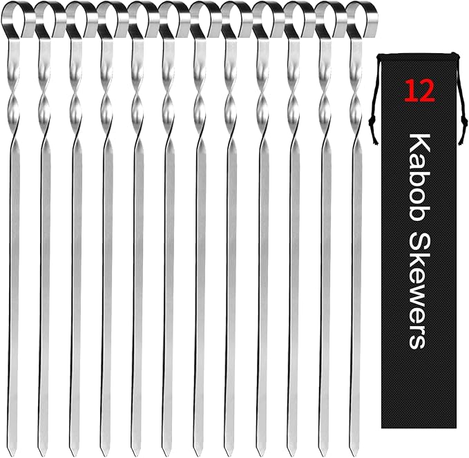 Kabob Skewers 14" Stainless Steel Long Barbecue Skewers, Flat Metal Kebob | BBQ Sticks Wide Reusable Grilling Skewers for Meat Chicken, Set of 12pcs with Storage Bag by JY COOKMENT