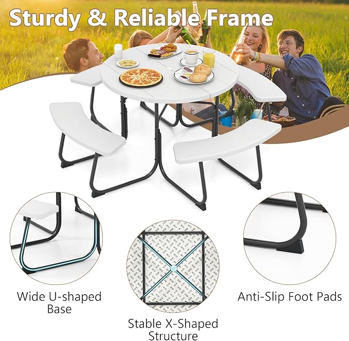 COSTWAY Round Picnic Table with Umbrella Hole, Outdoor Picnic Table with Bench Set for 4-8 People, HDPE Tabletop, Patio Dining Furniture Set for Family Gatherings, BBQ Party, Backyard (White)