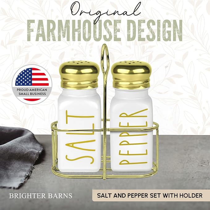 Gold Salt and Pepper Shakers Set with Holder by Brighter Barns - Modern Vintage Kitchen Decor and Accessories - Cute Glass Salt Shaker w/Caddy for Restaurant, Dining Table, Airbnb, Gift (White/Gold)