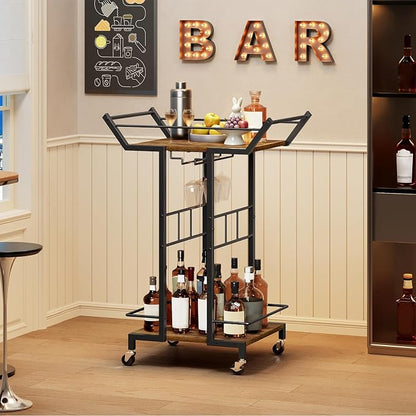 Bar Cart, 3-Tier Serving Cart with Wine Glass Rack, Drink Cart with Wheels, Rolling Beverage Cart, for Living Room, Party, Rustic Brown BC10BR