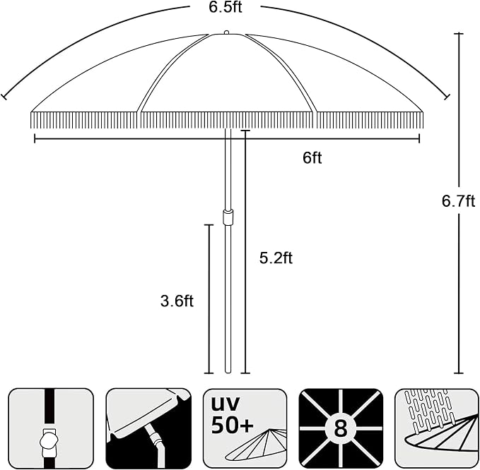 AMMSUN 6.5ft Tropical Fringe Beach Umbrella with Sand Anchor,Tilt,Air Vent | Heavy Duty High Wind Sun Shade Umbrellas,UPF50+,Portable Carry Bag,Windproof,for Sand Patio Garden Pool Backyard Outdoors