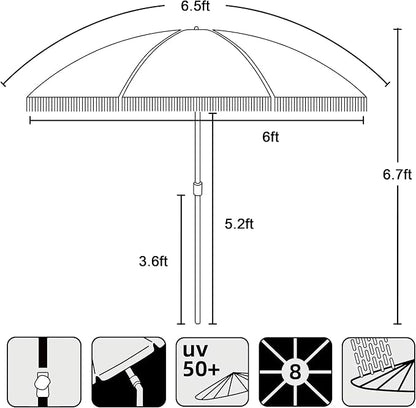 AMMSUN 6.5ft Tropical Fringe Beach Umbrella with Sand Anchor,Tilt,Air Vent | Heavy Duty High Wind Sun Shade Umbrellas,UPF50+,Portable Carry Bag,Windproof,for Sand Patio Garden Pool Backyard Outdoors