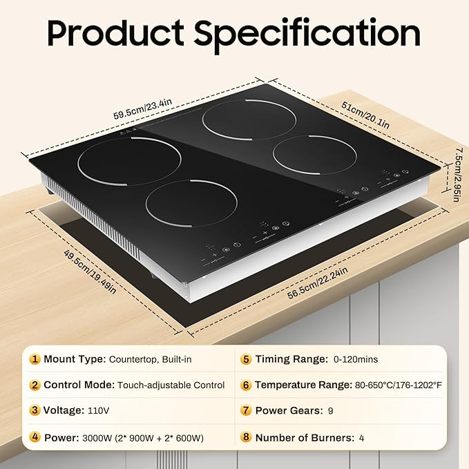 4 Burner Electric Cooktop 110v, 23 Inch Portable Stove Cooktop with LED Display, Child Safety Lock and Timer, 3000W 9 Power Level Electric Ceramic Built-in Stove Top, Hard Wire (No Plug)