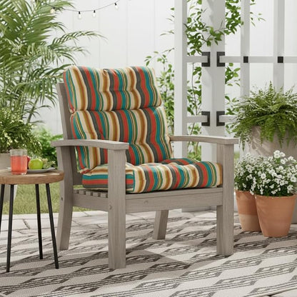 Outdoor Tufted High-Back Chair Cushions, One-Piece Hinged Seat and Back Design, Reversible with 4 Ties, Durable Polyester Fabric, Recycled Fiber Fill - Single, Sunset Stripe - Updated