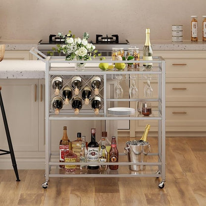 Bar Cart Silver, Bar Carts for The Home, Home Bar Serving Carts for Liquor, Rolling Wine Cart with 3 Tier Mirrored Shelves on Wheels for Alcohol and Beverage (Silver)