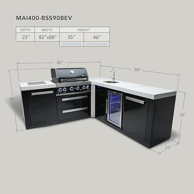 Mont Alpi Premium 82"W x 88"D Black Stainless Steel L-shaped Outdoor Kitchen Island with Refrigerator Faucet & Sink + 32"W 4-Burner BBQ Gas Grill + Granite Countertops + Storage + Rotisserie + Cover
