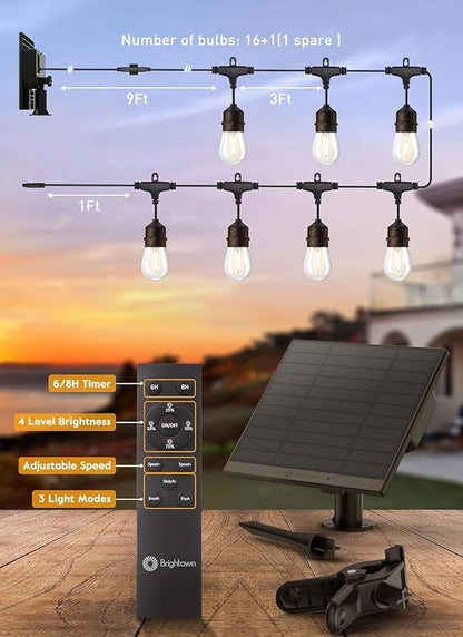 Brightown 55FT Solar String Lights Outdoor Waterproof, Patio Lights with Remote and 16+1 LED Shatterproof Bulbs, Dimmable & Timable, 3 Light Modes, Solar Lights Outdoor for Yard Garden Camping Party