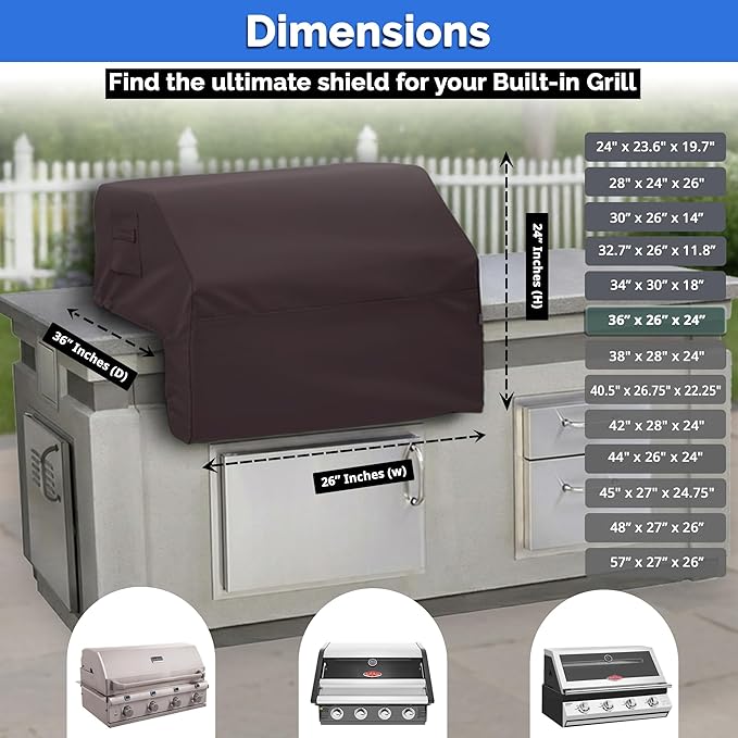 Covers & All Built-in Grill Cover for Outdoor Grill – Heavy Duty 18 oz Waterproof Built-in BBQ Grill Cover, PVC-Coated Polyester with Elastic Hem for Snug Fit (36 x 26 x 24 inches, Coffee)