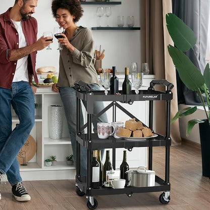 Portable Folding Service Cart - 3 Tier 330LBS Capacity - Rolling Utility Foldable Cart with Wheels for Warehouse Home Workshops Garages Restaurants Offices