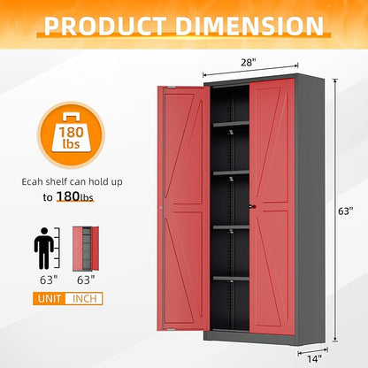 INTERGRAET 63" H Pantry Cabinet, Kitchen Pantry Storage Cabinets with 2 Doors and 4 Shelves, Metal Storage Cabinet,Cupboard for Home,Kitchen,Living Room/Dining, Black Red