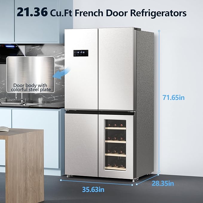 Electactic 21.36 Cu.Ft French Door Refrigerators with Bottom Freezer, Wine Cabinet, Adjustable Shelving, Counter Depth Smart Refrigerator with Touchscreen for Kitchen Home