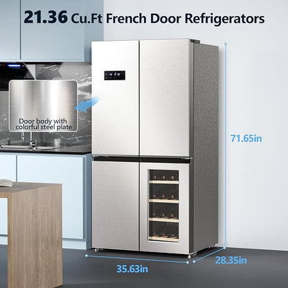 Electactic 21.36 Cu.Ft French Door Refrigerators with Bottom Freezer, Wine Cabinet, Adjustable Shelving, Counter Depth Smart Refrigerator with Touchscreen for Kitchen Home