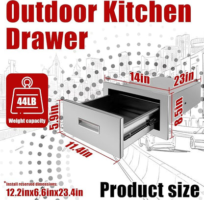 Outdoor Kitchen Single Layer Drawer 14'' W x 8.5'' H x 23'' D Flush Mount BBQ Access Drawers Stainless Steel BBQ Island Drawers with Handle Suitable for Outdoor Kitchen Island Grill Station