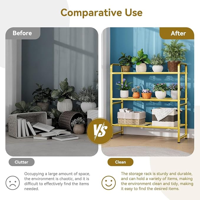 Standard Shelf Organizer for Outdoor Indoor, Waterproof Heavy Duty Metal Shelving Units and Storage for Living Room Bathroom Balcony Garden, Easy Assemble, Bright Gold