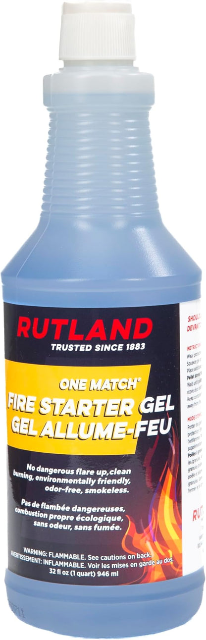 Rutland One Match Gel Fire Starter, Gelled Firestarter for Grills, Charcoal, Fireplaces, Fire Pits & Wood Stoves, 32 Oz