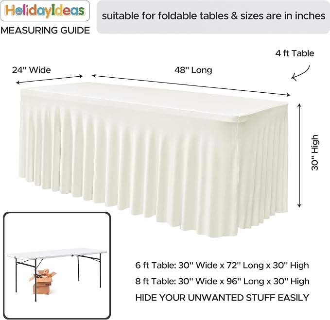4 Pack Beige Spandex Table Covers 4ft Rectangle Ruffle Skirts for Party | Elastic Table Covers 4 Foot, Pleated Fitted Table Cloths, Wrinkle Resistant Elegant Table Skirts Wedding, Banquets